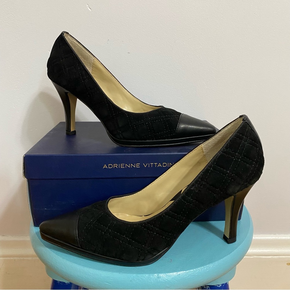 adrienne vittadini black mini platform quilted pumps